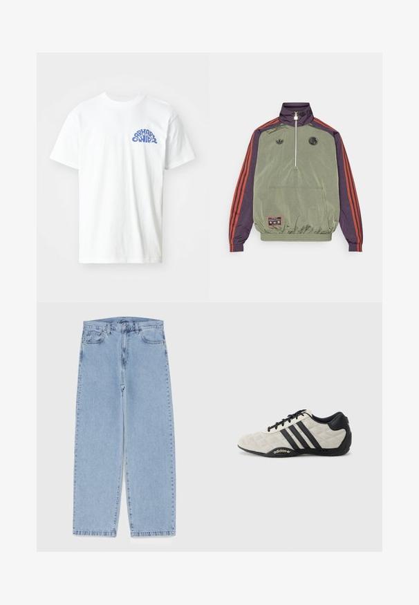 adidas Originals FC BAYERN MUNICH ICON HALFZIP JACKET - Club wear - base green/aurora black; White cotton t-shirt with short sleeves, featuring a blue graphic print on the left chest area. Simple crew neck design.; Light blue denim jeans with straight leg design, featuring a mid-rise waist, five pockets, and a button and zipper closure.; Adidas sports shoe with a textured, light gray upper and black leather accents. Features black three-stripe logo and cushioned sole.