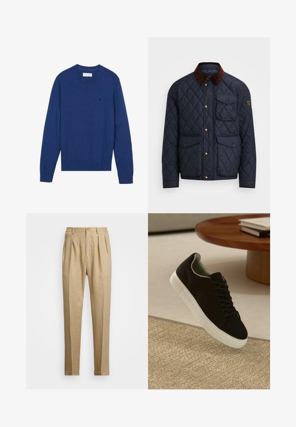 Navy quilted jacket with brown corduroy collar, featuring gold snap buttons, four front pockets, and a logo patch on the left sleeve.; Navy blue knit sweater with a round neckline, long sleeves, and ribbed cuffs. Features a small embroidered logo on the chest.; Beige linen trousers with a straight cut, featuring two front pleats, a button closure, and side pockets. Textured fabric with a smooth finish.; Black sneaker with white sole floating above beige textured rug near round wooden table with stacked books.