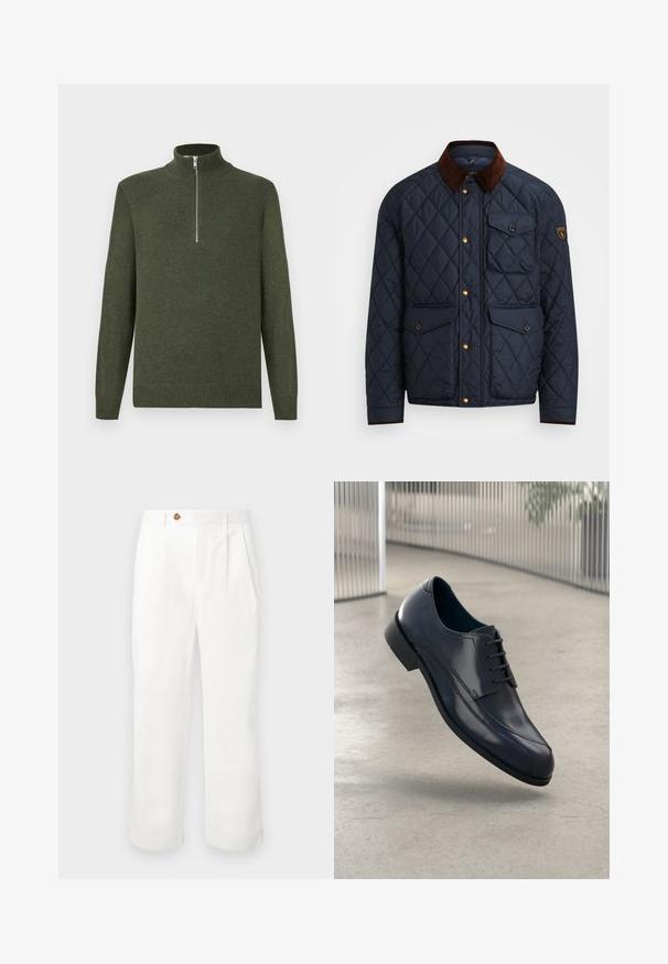 Marineblauwe geborduurde jas met een bruine corduroy kraag, voorzien van gouden drukknoopsluitingen, vier voorzakken en een logopatch op de linkermouw.; Donkergroene gebreide trui met lange mouwen en een zilveren rits aan de voorkant die halverwege omlaag loopt vanaf een opstaande kraag.; Witte katoenen broeken met een rechte snit, voorzien van twee voorplooien, een enkele knoopsluiting en zijzakken. Stevige textuur.; Glanzende zwarte leren schoenen met veters, zwevend boven een glad, lichtgrijze vloer en verticale metalen stangen op de achtergrond.