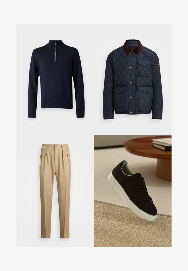Giacca trapuntata navy con colletto in velluto a coste marrone, dotata di bottoni a pressione dorati, quattro tasche frontali e una toppa con logo sulla manica sinistra.; Abercrombie & Fitch ICON - Maglione - neat navy; Pantaloni in lino beige con taglio dritto, dotati di due pince anteriori, chiusura con bottone e tasche laterali. Tessuto testurizzato con una finitura liscia.; Sneaker nero con suola bianca che flotta sopra un tappeto beige testurizzato vicino a un tavolo rotondo in legno con libri impilati.
