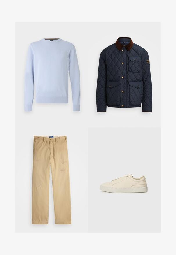 Námornícky prešívaný kabát s hnedým kordovým golierom, ktorý má zlaté cvoky, štyri predné vrecká a nášivku s logom na ľavom rukáve.; Svetlomodrý sveter s okrúhlym výstrihom, dlhými rukávmi, rebrovanými manžetami a lemom, s malým logom na hrudi, vyrobený z mäkkej pleteniny.; Béžové bavlnené nohavice so strihom do rovna. Obsahujú poškodené záplaty a vyšívané detaily na prednej strane. Klasické zapínanie na gombík a zips.; Beige kožené tenisky s okrúhlou špičkou, minimalistickým dizajnom, jemnými švy a textúrovaným povrchom, na svetlej podrážke.