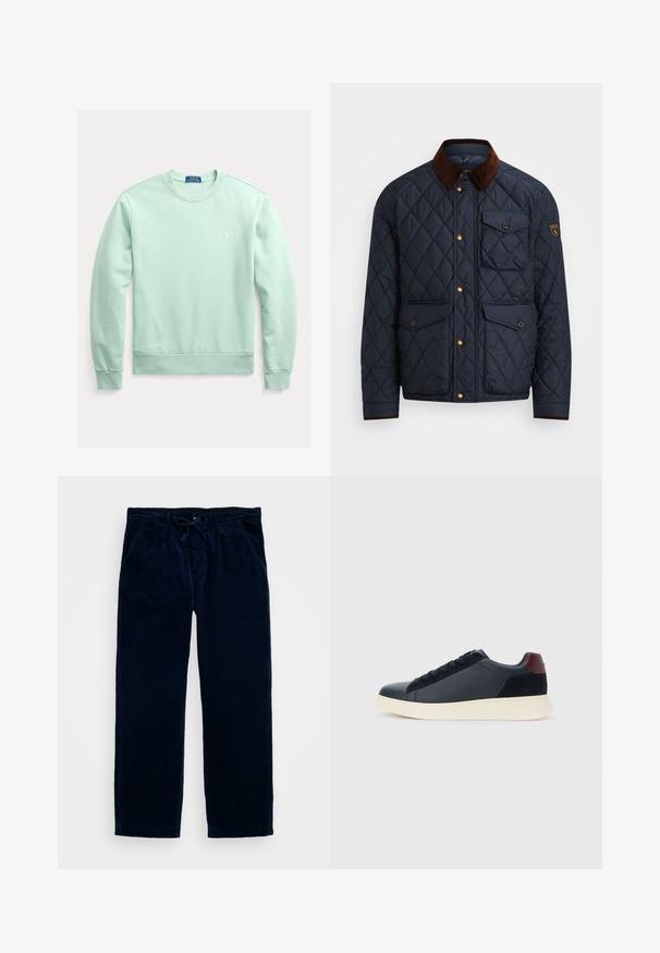 Casaco acolchoado azul-marinho com gola de veludo castanho, apresentando botões de pressão dourados, quatro bolsos frontais e um emblema no braço esquerdo.; Sweatshirt verde menta com decote redondo, punhos e bainha canelados, apresentando um pequeno logótipo bordado no peito. Material macio em mistura de algodão.; Calças de cordura azul marinho com cintura elástica, apresentando bolsos laterais e um design de perna reta. Textura suave com nervuras verticais.; Sapatilha baixa masculina em couro preto e camurça com aba de calcanhar em amarelo-escuro e sola de borracha branca, vista do lado exterior.
