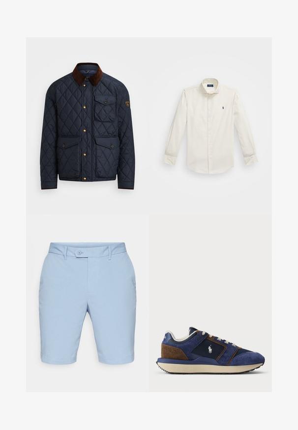Ναυτικό πουπουλένιο μπουφάν με καφέ κορδόνι στον γιακά, διαθέτει χρυσά κουμπιά, τέσσερις μπροστινές τσέπες και ένα λογότυπο στο αριστερό μανίκι.; Λευκό πουκάμισο μακρύ μανίκι από βαμβάκι, με κολάρο που κουμπώνει, μία τσέπη στο στήθος και ένα μικρό ναυτικό λογότυπο στην αριστερή πλευρά.; Γαλάζιο σορτσάκι από υφασμάτινο υλικό, με επίπεδο μπροστινό μέρος, πλαϊνές τσέπες και κλείσιμο με κουμπί και θηλιά για ζώνη.; Μπλε σουέντ και διχτυωτό αθλητικό παπούτσι με ελαφρύτερες λεπτομέρειες, μπεζ καουτσούκ σόλα και λευκά κορδόνια; διαθέτει λογότυπο στο πλάι.