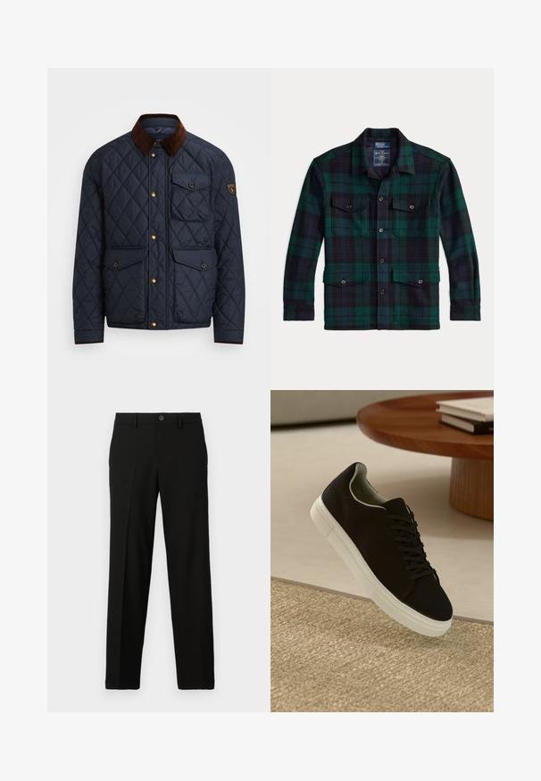 Navy quilted jacket with brown corduroy collar, featuring gold snap buttons, four front pockets, and a logo patch on the left sleeve.; Plaid flannel jacket in dark green and navy, featuring a collar, two breast pockets with flaps, and button closures. Soft texture.; Black trousers made of smooth fabric, featuring a straight cut, a button closure at the waist, and no visible patterns or accents.; Black sneaker with white sole floating above beige textured rug near round wooden table with stacked books.