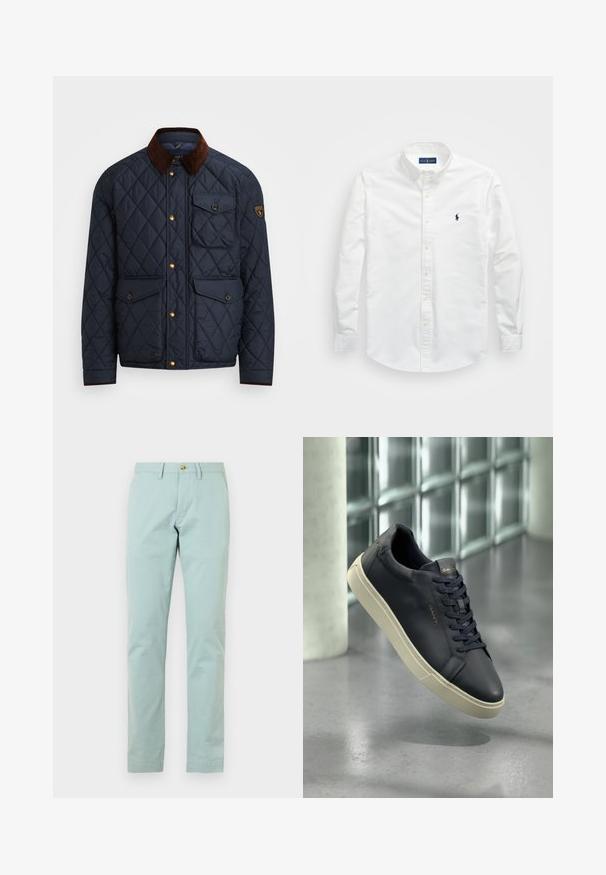 Ναυτικό πουπουλένιο μπουφάν με καφέ κορδόνι στον γιακά, διαθέτει χρυσά κουμπιά, τέσσερις μπροστινές τσέπες και ένα λογότυπο στο αριστερό μανίκι.; Λευκό πουκάμισο με κουμπιά φτιαγμένο από βαμβάκι. Διαθέτει μυτερό γιακά, μακριά μανίκια και μικρό ναυτικό λογότυπο στο στήθος. Λείο υλικό.; Ανοιχτό γαλάζιο παντελόνι με ίσια γραμμή από βαμβάκι με λεία υφή· διαθέτει κλείσιμο με κουμπί και θηλιές για ζώνη.; Σκάφος αθλητικό παπούτσι από δέρμα σε navy χρώμα, με στρογγυλή μύτη, επίπεδους κορδόνια και υφή στη σόλα; διαθέτει λογότυπο στη γλώσσα του, αντίθετο με τη κρέμα-χρωματισμένη σόλα.