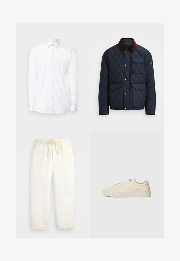 Námořnická prošívaná bunda s hnědým kordovým límcem, vybavená zlatými patentkami, čtyřmi předními kapsami a logem na levém rukávu.; Bílé dlouhé rukávy košile vyrobené z hladké látky, s klasickým límcem, předním zapínáním na knoflíky a pečlivě zpracovanými manžetami.; Světle krémové, volné kalhoty vyrobené z měkké látky. Mají elastický pás s tkaničkou a zúžený střih nohavic.; Krémové kožené tenisky s kulatou špičkou, minimalistickým designem, jemnými švy a texturovaným svrškem, na světlé podrážce.