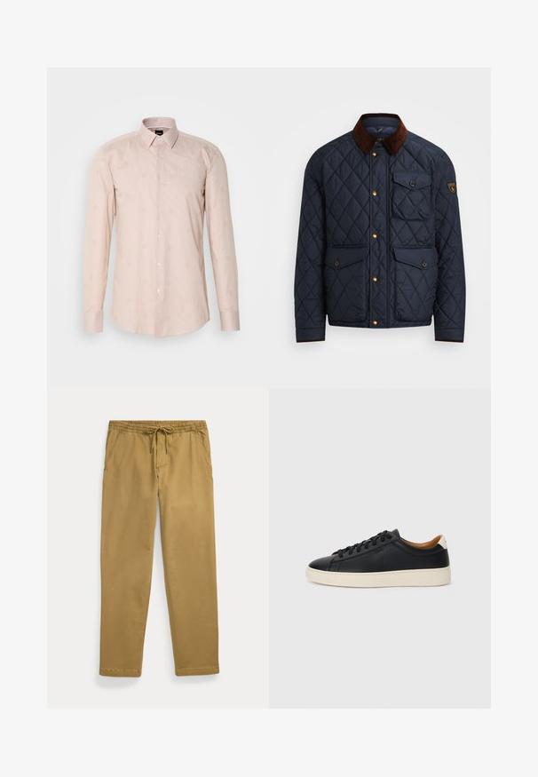 Jūrinis šiltas striukė su rudu kordurojo apykakle, su auksiniais spaustukais, keturiomis priekinėmis kišenėmis ir logotipo pleistru kairiajame rankove.; Šviesiai rožinės spalvos ilgomis rankovėmis marškiniai su sagų apykakle, subtilia juostele ir išsiuvinėtomis apvaliomis motyvais.; Kaki tiesios kojos kelnės su elastingu juosmeniu ir priekyje esančiu raišteliu, turinčios šonines priekinės kišenes ir siuvinėtas kraštus.; Juodos odinės sportbačiai su lygiu paviršiumi, smėlio spalvos guminis padas, raišteliais užsegama konstrukcija ir kontrastingas kulno akcentas.