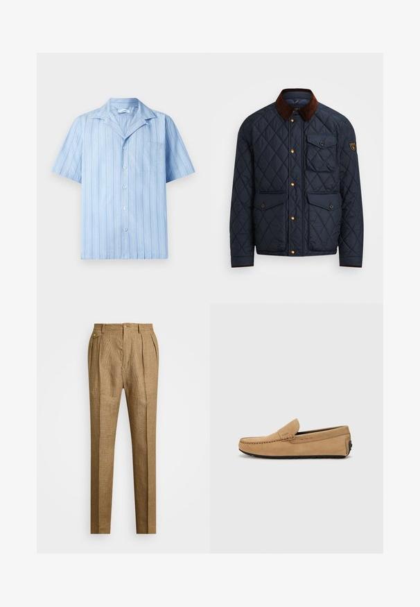 Granatowa pikowana kurtka z brązowym kołnierzem z kordurowej tkaniny, z złotymi zatrzaskami, czterema kieszeniami z przodu i naszywką z logo na lewym rękawie.; Jasnoniebieska koszula z krótkim rękawem w pionowe białe paski, zapinana na guziki, z kieszonką na piersi. Wykonana z gładkiego, lekkiego materiału.; Brązowe spodni w kratę o dopasowanym kroju, z plisowanym przodem, dwoma bocznymi kieszeniami i zapięciem na guzik. Gładka faktura z eleganckim krojem.; Beżowe zamszowe mokasyny z przeszytym noskiem, slip-on, z czarną gumową podeszwą. Posiada delikatne logo po boku.