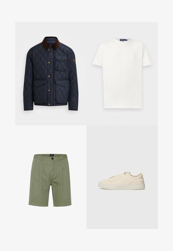 Námornícky prešívaný kabát s hnedým kordovým golierom, ktorý má zlaté cvoky, štyri predné vrecká a nášivku s logom na ľavom rukáve.; Jednoduché biele tričko s krátkym rukávom a okrúhlym výstrihom, s jemne vyšitým logom na ľavej hrudi a značkovou etiketu na golieri.; Olivovozelené šortky s prispôsobeným dizajnom, s gombíkovým zapínaním, prednými vreckami a jemnými vertikálnymi pruhmi z mäkkej textúrovanej látky.; Beige kožené tenisky s okrúhlou špičkou, minimalistickým dizajnom, jemnými švy a textúrovaným povrchom, na svetlej podrážke.