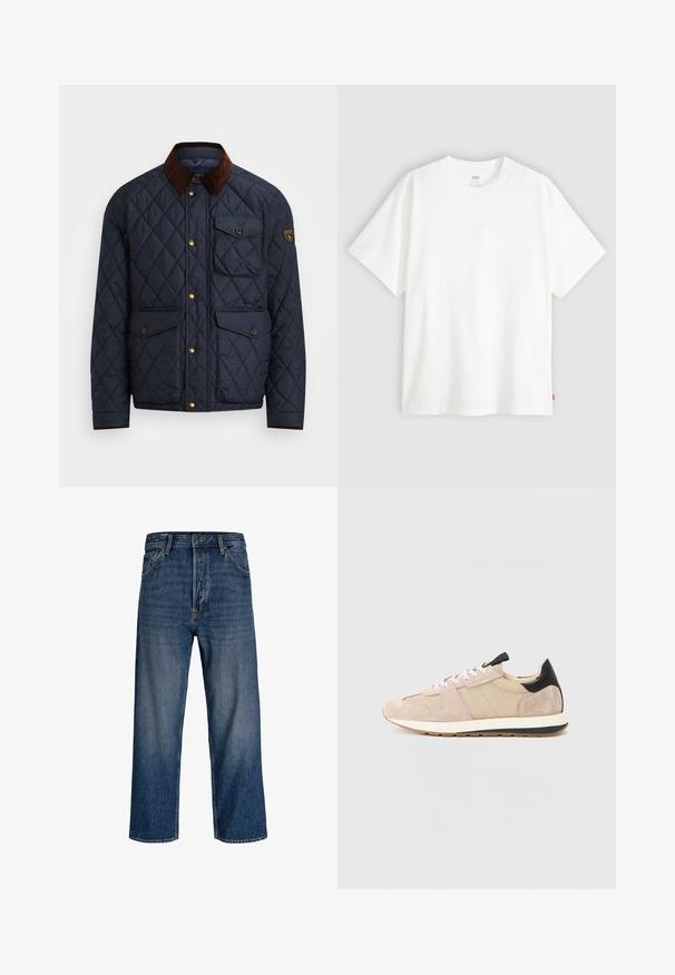 Tumesinine tikandiga jope pruunist korduroyst kraest, millel on kuldsed nupud, neli esipoolset taskut ja logokleeps vasakul varrukal.; Valge lühikeste varrukatega puuvillane T-särk, millel on ümmargune kaelus. Ees on peene reljeefse logoga detail ja hemmi peal punane silt.; Tumedat teksased sirgete jalgadega, õrnate kulumismärkidega. Sisaldab viit taskut ja nööbifliis.; Beigi nahast tennisetossud suletud paneelide, valgete paelte ja musta kandja aktsendiga. Paks valge tald musta ribaga lisab kontrasti.