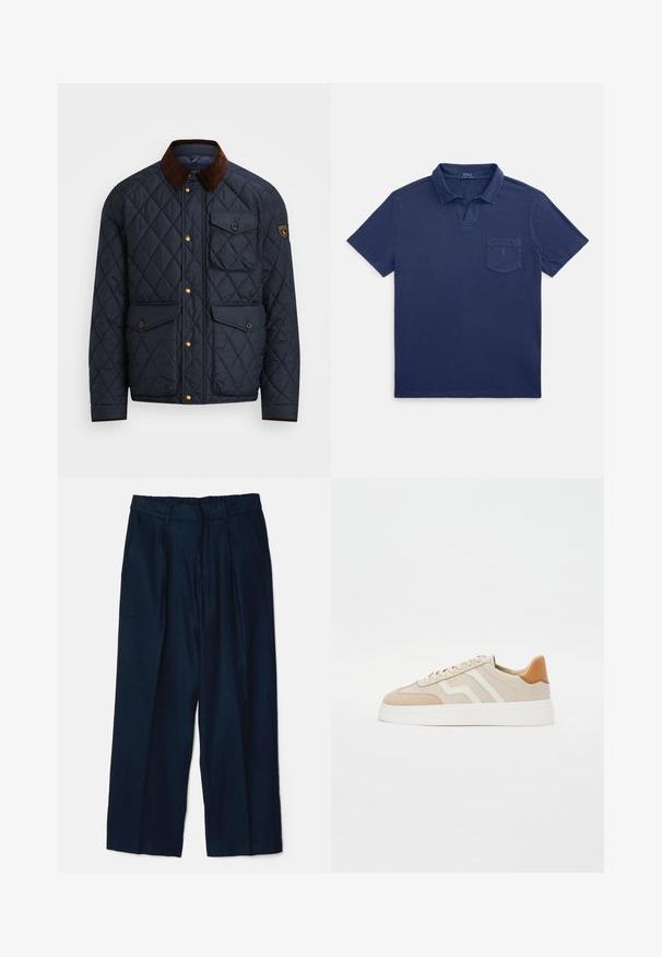 Marineblauwe geborduurde jas met een bruine corduroy kraag, voorzien van gouden drukknoopsluitingen, vier voorzakken en een logopatch op de linkermouw.; Donkerblauw poloshirt van katoen, met een omgeslagen kraag, korte mouwen en een borstzakje met een klein logodetail.; NN.07 KAY - Broek - navy blue; Beige sneakers met een combinatie van glad leer en suède materialen. Voorzien van witte accenten, platte veters en een lichte plateauzool.