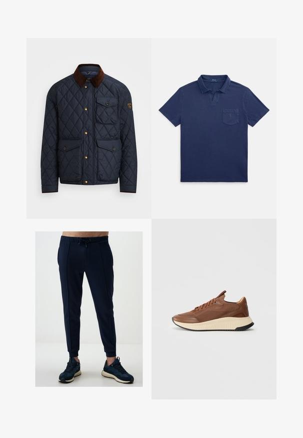 Marineblauwe geborduurde jas met een bruine corduroy kraag, voorzien van gouden drukknoopsluitingen, vier voorzakken en een logopatch op de linkermouw.; Donkerblauw poloshirt van katoen, met een omgeslagen kraag, korte mouwen en een borstzakje met een klein logodetail.; Marine joggingbroek gemaakt van zacht materiaal, met een elastische tailleband met trekkoord, zijzakken en taps toelopende boorden. Draagt met sportschoenen.; Bruine sport sneakers met een bovenwerk van mesh, leren accenten en een rubberen buitenzool. Beschikt over een gestructureerde zool en vetersluiting.