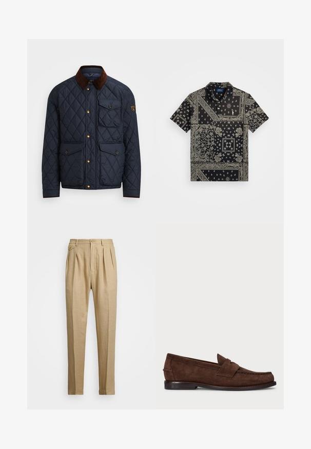 Námornícky prešívaný kabát s hnedým kordovým golierom, ktorý má zlaté cvoky, štyri predné vrecká a nášivku s logom na ľavom rukáve.; Čierna košeľa s krátkym rukávom ozdobená potlačou bandany s bielymi zložitými vzormi a malým vyšívaným logom na hrudi. Klasický dizajn límca.; Bežové ľanové nohavice so strihaním do rovna, so 'dvoma prednými záhybmi, s gombíkovým zapínaním a bočnými vreckami. Textúrovaná látka s hladkým povrchom.; Hnedé semišové mokasíny s hladkým povrchom, šitím v štýle mokasín, nízkym podpätkom a ozdobným pásikom cez prednú časť.