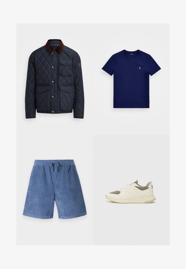 Marineblå quiltet jakke med brun fløjlskrave, der har gyldne trykknapper, fire frontlommer og et logo-patch på venstre ærme.; Mørkeblå bomulds t-shirt med rund hals, korte ærmer og et lille hvidt polo-logo på venstre bryst. Glat tekstur.; Blå kordfløjlsshorts med elastisk talje og snøring. Har lodret ribbet tekstur og lige ben.; Hvide og lyse beige sportssko med en mesh-overdel, perforerede detaljer og en tekstureret mellemsål med branding på hælen.