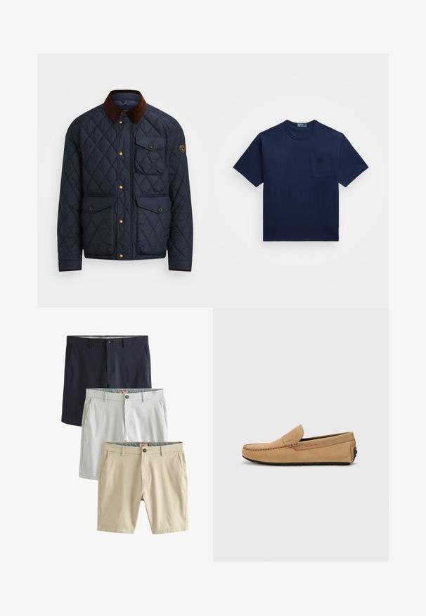 Námornícky prešívaný kabát s hnedým kordovým golierom, ktorý má zlaté cvoky, štyri predné vrecká a nášivku s logom na ľavom rukáve.; Námornícky modré bavlnené tričko s okrúhlym výstrihom, krátkymi rukávmi a vreckom na ľavej strane hrudníka. Hladká textúra s klasickým strihom.; Tričko s krátkymi nohavicami: námornícka modrá, svetlošedá a béžová, všetky vyrobené z hladkej tkaniny, vybavené prednými vreckami a gombíkovými zapínaniami.; Béžová semišová mokasína s prešitým špikom, jednoduchým obutím a čiernou gumovou podrážkou. Obsahuje jemné logo na boku.