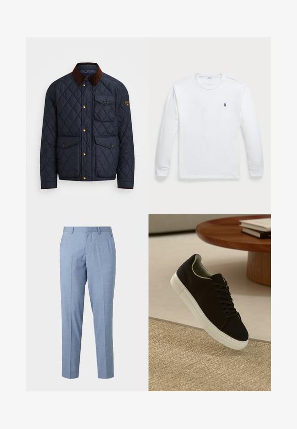 Chaqueta acolchada en color navy con cuello de pana marrón, que cuenta con botones a presión dorados, cuatro bolsillos frontales y un parche de logo en la manga izquierda.; Camiseta de manga larga blanca hecha de algodón, con escote redondo y un pequeño logo azul marino en el lado izquierdo del pecho. Textura suave, diseño simple.; Pantalones ajustados de color azul claro con un acabado texturizado, diseño entallado y pierna recta. Presenta bolsillos delanteros y pasadores para cinturón.; Zapatilla negra con suela blanca flotando sobre una alfombra texturizada beige cerca de una mesa redonda de madera con libros apilados.