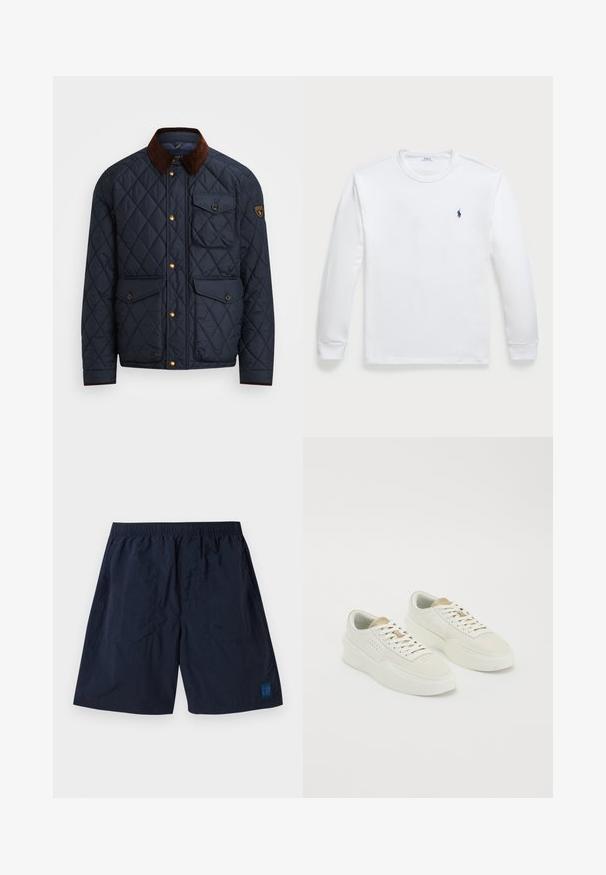 Jachetă din material quilted de culoare bleumarin, cu guler din catifea maro, dotată cu nasturi aurii, patru buzunare frontale și un patch cu logo pe mâneca stângă.; Tricou alb cu mâneci lungi, confecționat din bumbac, având un guler rotund și un mic logo bleumarin pe partea stângă a pieptului. Textură netedă, design simplu.; Shorts bleumarin dintr-un material ușor, cu o talie elastică și un mic logo pătrat GAP în colțul din dreapta jos.; O pereche de adidași de culoare albă murdară, cu accente bej, tălpi groase și șireturi albe, pe un fundal alb simplu.