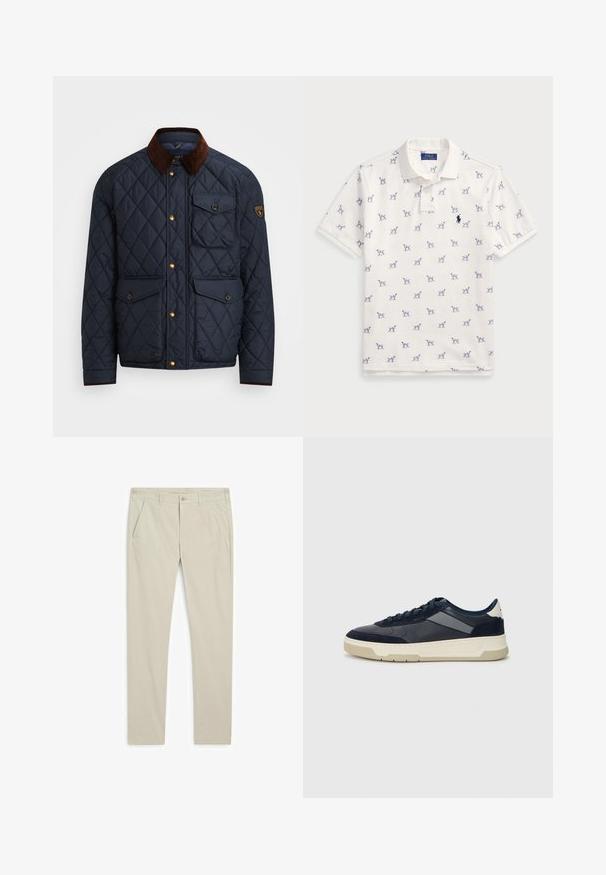 Navy quilted jacket with brown corduroy collar, featuring gold snap buttons, four front pockets, and a logo patch on the left sleeve.; White polo shirt made of cotton, featuring a repeated blue dog pattern and a small blue logo on the chest. Short sleeves and collar.; Khaki trousers made of lightweight fabric, featuring a straight leg design, side pockets, and a button closure at the waist.; BOSS BALTIMORE - Trainers - open blue