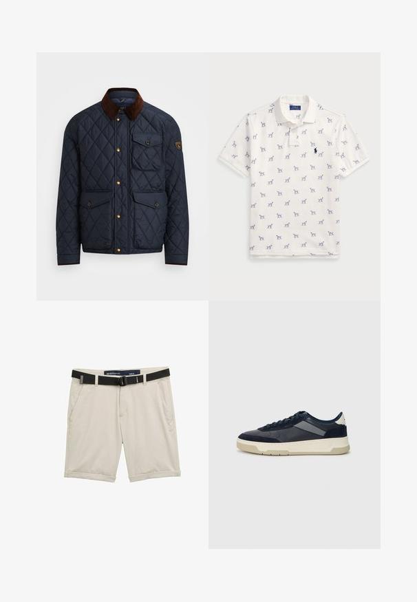Jūrinis šiltas striukė su rudu kordurojo apykakle, su auksiniais spaustukais, keturiomis priekinėmis kišenėmis ir logotipo pleistru kairiajame rankove.; Balta polo marškiniai, pagaminti iš medvilnės, su pasikartojančiu mėlynu šunų raštu ir mažuoju mėlynu logotipu ant krūtinės. Trumpomis rankovėmis ir apykakle.; Bežiniai šortai su juodu reguliuojamu diržu. Pagaminti iš lengvos medžiagos, turi šonines kišenes ir sukamuosius rankogalius, kad atrodytų nesuvaržytai. Dydis M.; BOSS BALTIMORE - Sportbačiai - open blue