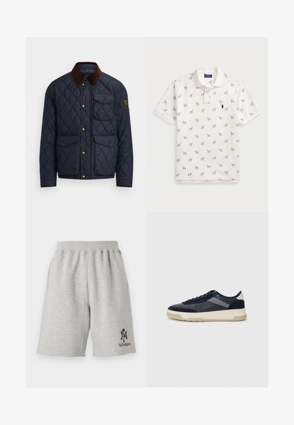 Navy quilted jacket with brown corduroy collar, featuring gold snap buttons, four front pockets, and a logo patch on the left sleeve.; White polo shirt made of cotton, featuring a repeated blue dog pattern and a small blue logo on the chest. Short sleeves and collar.; Gray cotton shorts with an elastic waistband, featuring a black logo that reads "No Problemo" on the lower left side and raw edges.; BOSS BALTIMORE - Trainers - open blue