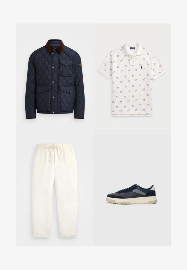 Granatowa pikowana kurtka z brązowym kołnierzem z kordurowej tkaniny, z złotymi zatrzaskami, czterema kieszeniami z przodu i naszywką z logo na lewym rękawie.; Biała koszulka polo z bawełny, z powtarzającym się niebieskim wzorem psów i małym niebieskim logo na piersi. Krótkie rękawy i kołnierzyk.; Jasna kremowa, casualowa para spodni wykonanych z miękkiego materiału. Posiada elastyczny pas ze sznurkiem i zwężający się krój nogawek.; BOSS BALTIMORE niebieski