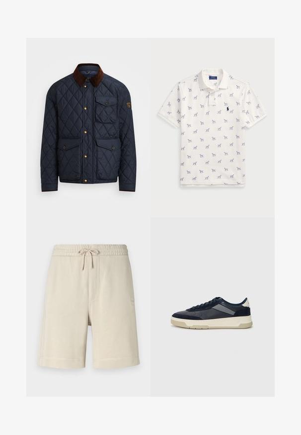 Námornícky prešívaný kabát s hnedým kordovým golierom, ktorý má zlaté cvoky, štyri predné vrecká a nášivku s logom na ľavom rukáve.; Biely polo tričko vyrobené z bavlny, s opakujúcim sa modrým vzorom psíka a malým modrým logom na hrudi. Krátke rukávy a golier.; BOSS SEWALK - Tepláky - light beige; BOSS BALTIMORE - Tenisky - open blue