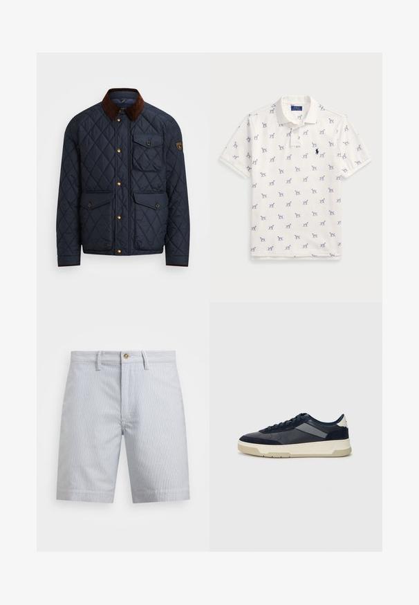 Jachetă din material quilted de culoare bleumarin, cu guler din catifea maro, dotată cu nasturi aurii, patru buzunare frontale și un patch cu logo pe mâneca stângă.; Tricou polo alb din bumbac, cu un model repetat de câini albaștri și un mic logo albastru pe piept. Mâneci scurte și guler.; Pantaloni scurți cu dungi în bleu deschis și alb. Realizați din bumbac, având un sistem de închidere cu nasture, buzunare laterale și o margine dreaptă.; BOSS BALTIMORE - Sneakers low - open blue