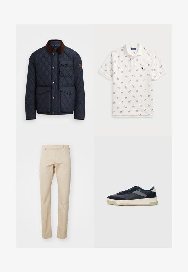 Laivastonsininen tikattu takki ruskealla samettikauluksella, jossa on kultaiset napsautusnapit, neljä etutaskua ja logotunnus vasemmassa hihaisessa.; Valkoinen polo-paita, joka on valmistettu puuvillasta ja jossa on toistuva sininen koirakuosi sekä pieni sininen logo rinnassa. Lyhyet hihat ja kaulus.; Beige puuvillaiset chinot suoralla lahkeella, joissa on tasainen etuosa ja vyölenkit. Silkkinen pinta ja minimaalinen yksityiskohtaisuus.; BOSS BALTIMORE - Matalavartiset tennarit - open blue