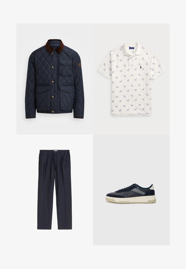 Marineblauwe geborduurde jas met een bruine corduroy kraag, voorzien van gouden drukknoopsluitingen, vier voorzakken en een logopatch op de linkermouw.; Witte polo gemaakt van katoen, met een herhaald blauw hondenpatroon en een klein blauw logo op de borst. Korte mouwen en kraag.; Marineblauwe broek van lichtgewicht stof met een elastische tailleband, zijzakken en rechte pijpen. Eenvoudig ontwerp, geen zichtbare patronen.; BOSS BALTIMORE - Sneakers laag - open blue