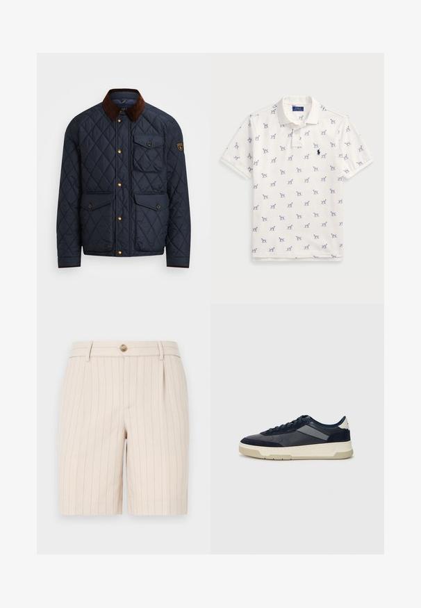 Giacca trapuntata navy con colletto in velluto a coste marrone, dotata di bottoni a pressione dorati, quattro tasche frontali e una toppa con logo sulla manica sinistra.; Polo bianco in cotone, con motivo a cani blu ripetuto e un piccolo logo blu sul petto. Maniche corte e colletto.; Pantaloni shorts beige realizzati in un tessuto leggero, con un motivo a righe sottili, chiusura anteriore con bottone e tasche laterali.; BOSS BALTIMORE - Sneakers basse - open blue