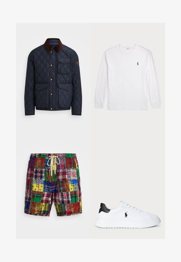 Marineblå quiltet jakke med brun fløjlskrave, der har gyldne trykknapper, fire frontlommer og et logo-patch på venstre ærme.; Hvid langærmet T-shirt lavet af bomuld. Har en rund halsudskæring, ribbede manchetter og et lille navy blåt polo-logo på venstre bryst.; Mønstret badetøj med mange farver, der indeholder en blanding af forskellige mønstre, en snorelivbånd og et let, struktureret stof.; Hvide lavtop sneakers med sort hælflig og sort Polo Ralph Lauren-logo på siden, forsynet med hvide snørebånd og tyk gummisål.