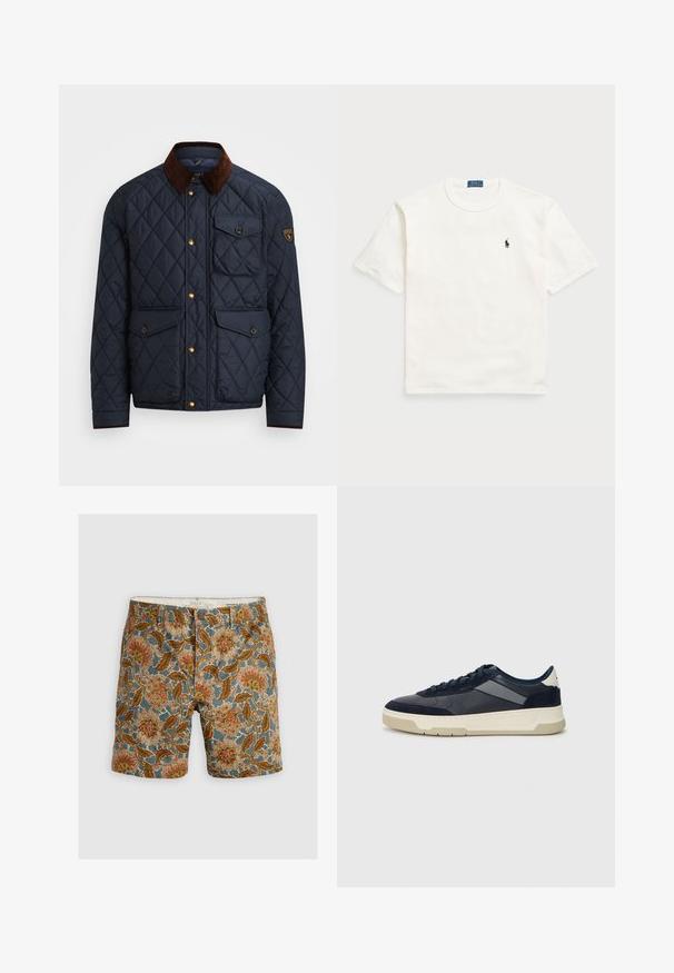 Navy quilted jacket with brown corduroy collar, featuring gold snap buttons, four front pockets, and a logo patch on the left sleeve.; White cotton t-shirt with short sleeves, featuring a classic crew neck and a small black embroidered logo on the left chest.; Patterned shorts featuring a blue background with floral designs in brown, orange, and cream. Made from cotton with a button closure.; BOSS BALTIMORE - Trainers - open blue