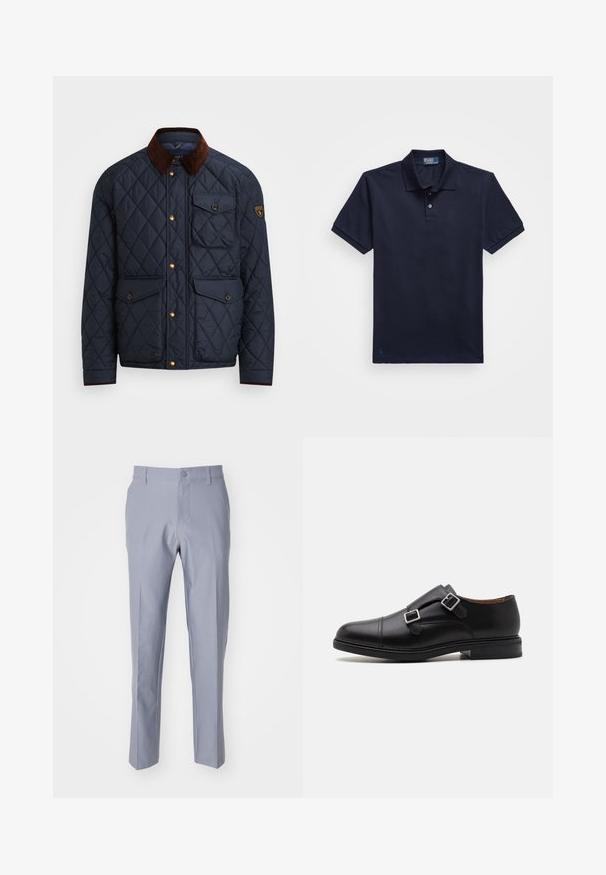 Casaco acolchoado azul-marinho com gola de veludo castanho, apresentando botões de pressão dourados, quatro bolsos frontais e um emblema no braço esquerdo.; Camisa polo azul marinho feita de tecido texturizado, com uma pala de dois botões e um pequeno logótipo bordado na bainha. Mangas curtas.; Calças cinza-claro feitas de tecido suave. Apresentam um corte clássico, pernas retas e um fecho de botão na cintura.; Sapata de couro preto com fecho de fivela dupla, biqueira arredondada, costura subtil e sola de borracha texturada e plana.