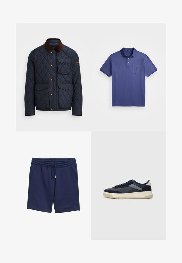 Marineblauer Steppjacke mit braunem Cordkragen, ausgestattet mit goldfarbenen Druckknöpfen, vier Fronttaschen und einem Logopatch am linken Ärmel.; Lila Poloshirt aus Baumwolle, mit einer Knopfleiste mit drei Knöpfen, kurzen Ärmeln und einer Brusttasche mit roter Logo-Stickerei.; Navyblaue Shorts aus weichem Stoff mit einem elastischen Bund und Kordelzug, seitlichen Taschen und einem schlichten Logodesign.; BOSS BALTIMORE - Sneaker low - open blue