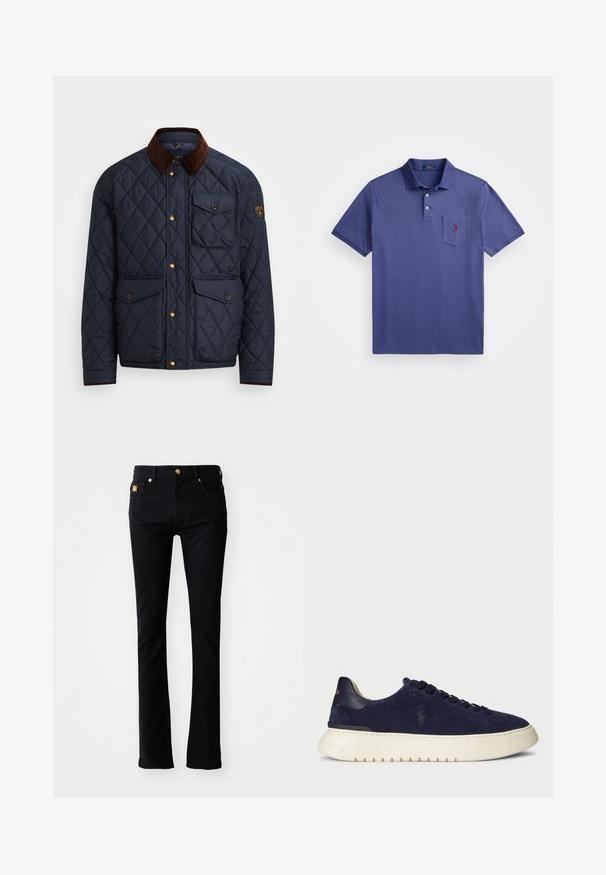 Navy quilted jacket with brown corduroy collar, featuring gold snap buttons, four front pockets, and a logo patch on the left sleeve.; Purple polo shirt made from cotton, featuring a three-button placket, short sleeves, and a chest pocket with a red logo embroidery.; Black jeans with a slim fit, made from denim. Features a front button closure, two front pockets, and decorative detailing on the waist.; Navy suede low-top sneaker with a textured surface, rubber sole, and tonal laces, featuring a small logo on the side and heel.