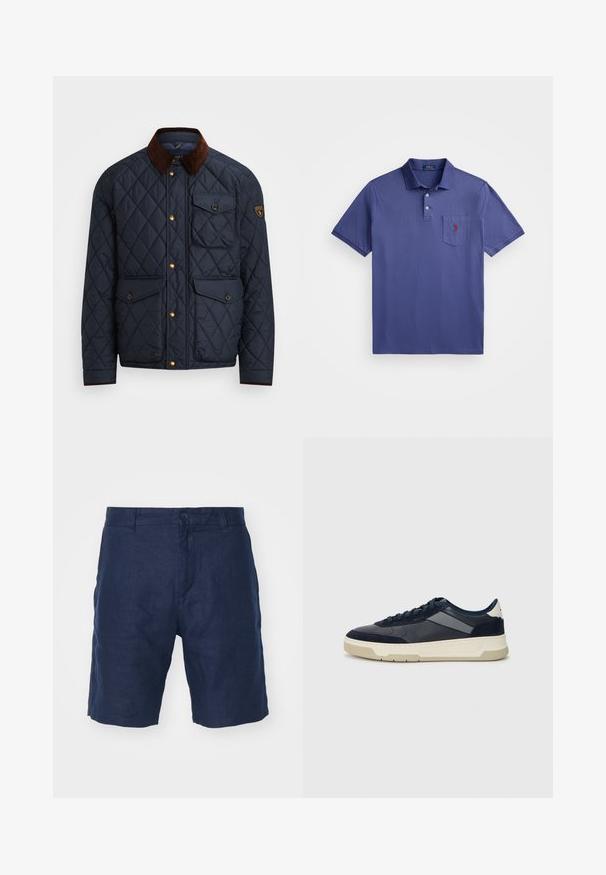 Tengerészeti steppelt dzseki barna kordbársony gallérral, arany patentgombokkal, négy elülső zsebbel, és logóval ellátott folttal a bal ujján.; Lila pólóing, pamutból készült, háromgombos légzéssel, rövid ujjal és egy mellzsebbel, amelyen piros logó hímzés található.; Tengerészkék vászonsort gombos zárással, egyenes szabással, sima textúrával és minimál stílussal.; BOSS BALTIMORE - Sportcipő - open blue