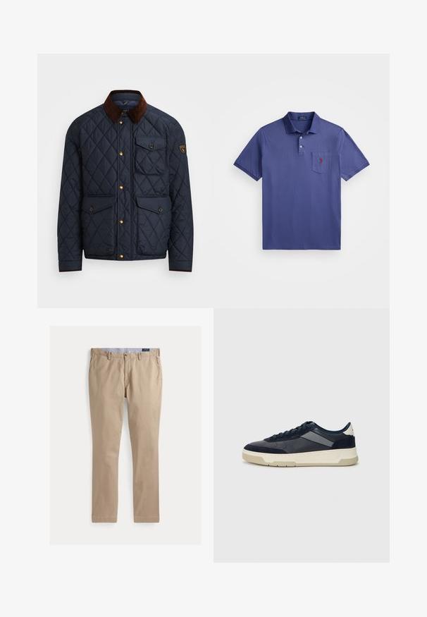 Veste matelassée marine avec col en velours côtelé brun, dotée de boutons-pression dorés, de quatre poches avant et d'un patch logo sur la manche gauche.; Polo shirt violet en coton, avec une patte de boutonnage à trois boutons, des manches courtes et une poche poitrine avec un logo brodé en rouge.; Chino kaki avec une coupe droite, fabriqué en coton. Comprend une fermeture à bouton avant sécurisée et des passants de ceinture.; BOSS BALTIMORE - Baskets basses - open blue