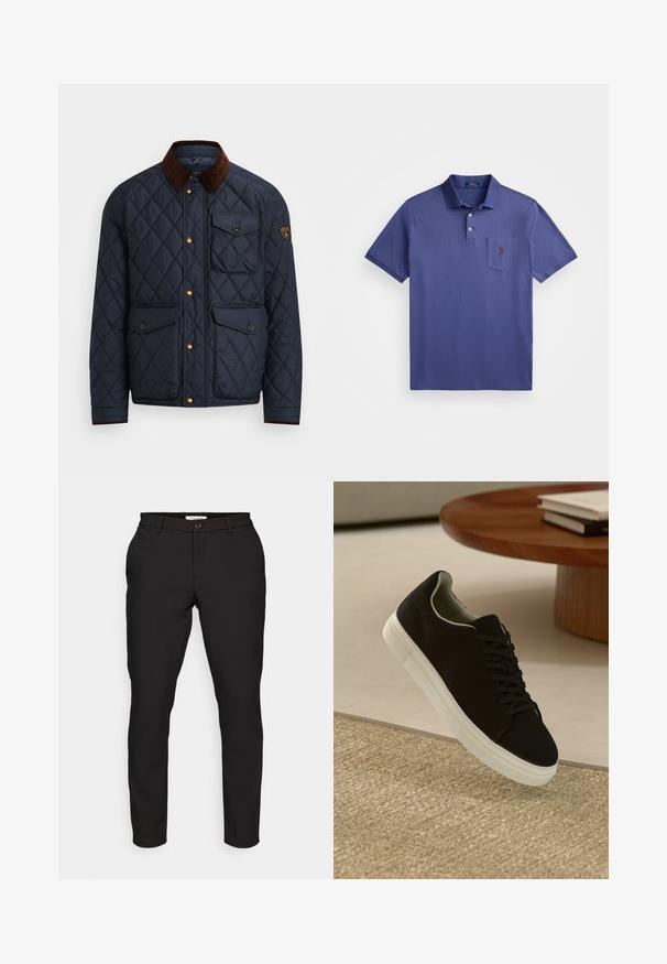 Tumesinine tikandiga jope pruunist korduroyst kraest, millel on kuldsed nupud, neli esipoolset taskut ja logokleeps vasakul varrukal.; Lilla polo särk, mis on valmistatud puuvillast, kolme nööbiga kaelusega, lühikeste varrukatega ja rinnataskuga, millel on punane logo tikand.; Mustad ülikondpüksid kitsas lõikes. Omab lukuga väljalaskmist, nööbi kinnitamist, küljetaskuid ja sujuvat, kerget kangast.; Mustad musta tossuga valge tallaga, mis hõljub beeži tekstuuriga vaiba kohal, ümaral puidust laual, mille peal on kokku virnastatud raamatud.