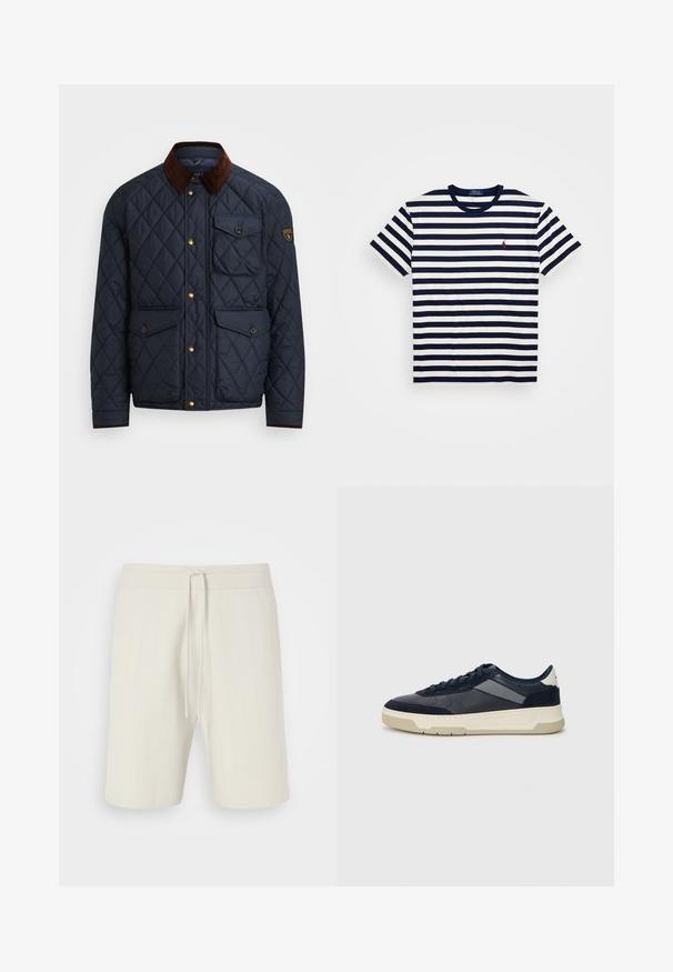 Giacca trapuntata navy con colletto in velluto a coste marrone, dotata di bottoni a pressione dorati, quattro tasche frontali e una toppa con logo sulla manica sinistra.; T-shirt a righe navy e bianche con maniche corte, realizzato in cotone, con collo a girocollo e un piccolo logo rosso ricamato sul petto.; Bermuda chiara in beige realizzata in un tessuto testurizzato, con una vita regolabile con cordino e un design di lunghezza al ginocchio con sottili strisce verticali.; BOSS BALTIMORE - Sneakers basse - open blue