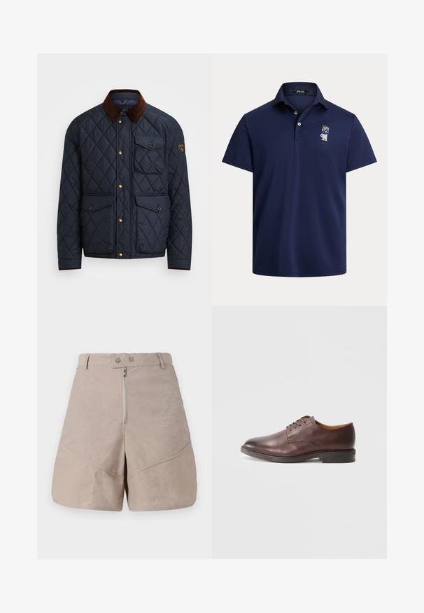 Veste matelassée marine avec col en velours côtelé brun, dotée de boutons-pression dorés, de quatre poches avant et d'un patch logo sur la manche gauche.; Polo bleu marine en tissu doux, doté d'un col à trois boutons et d'un petit détail brodé de personnage sur la poitrine gauche.; Shorts beiges en tissu lisse et texturé. Comprend une fermeture éclair à l'avant, deux boutons de fermeture, et des coutures diagonales.; Chaussure formelle pour homme en cuir marron avec lacets, finition lisse et talon empilé sur fond blanc.
