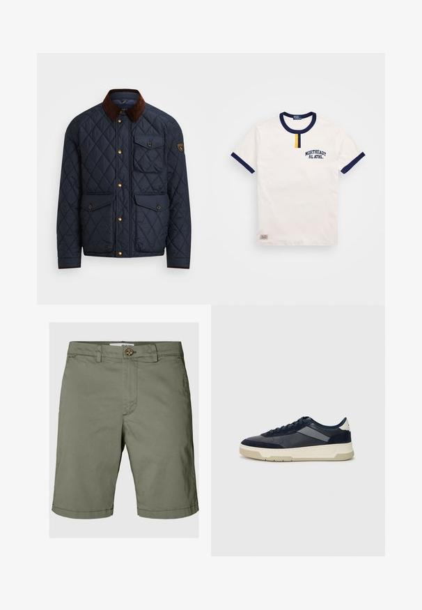 Jachetă din material quilted de culoare bleumarin, cu guler din catifea maro, dotată cu nasturi aurii, patru buzunare frontale și un patch cu logo pe mâneca stângă.; Tricou alb din bumbac cu guler rotund și accente de mânecă în bleu marin. Prezintă un detaliu mic cu un nasture galben și broderia "NORTHEAST RL ATHL."; Shorts de culoare verde olive din bumbac, cu închidere cu nasture, curea, și croială dreaptă cu detalii de tiv pliat.; BOSS BALTIMORE - Sneakers low - open blue