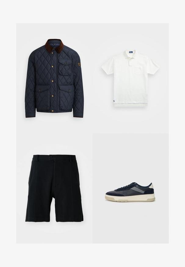 Tengerészeti steppelt dzseki barna kordbársony gallérral, arany patentgombokkal, négy elülső zsebbel, és logóval ellátott folttal a bal ujján.; Fehér pólóing, pamutból készült, klasszikus gallérral, háromgombos végigfutóval és bal oldali zsebével; kis logó a szegélyen.; Fekete sort, texturált anyagból, elülső gombos záródással, oldalsó zsebekkel és egyenes szabással, látható varrási részletekkel.; BOSS BALTIMORE - Sportcipő - open blue