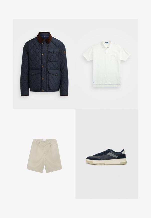 Chaqueta acolchada en color navy con cuello de pana marrón, que cuenta con botones a presión dorados, cuatro bolsillos frontales y un parche de logo en la manga izquierda.; Camisa polo blanca de algodón, con un collar clásico, una tapeta de tres botones y un bolsillo en el pecho izquierdo; pequeño logo en el dobladillo.; Pantalones cortos beige ajustados con un frente plano, dos bolsillos laterales y un cierre de un solo botón. Fabricados con un tejido ligero y suave.; BOSS BALTIMORE - Zapatillas - open blue