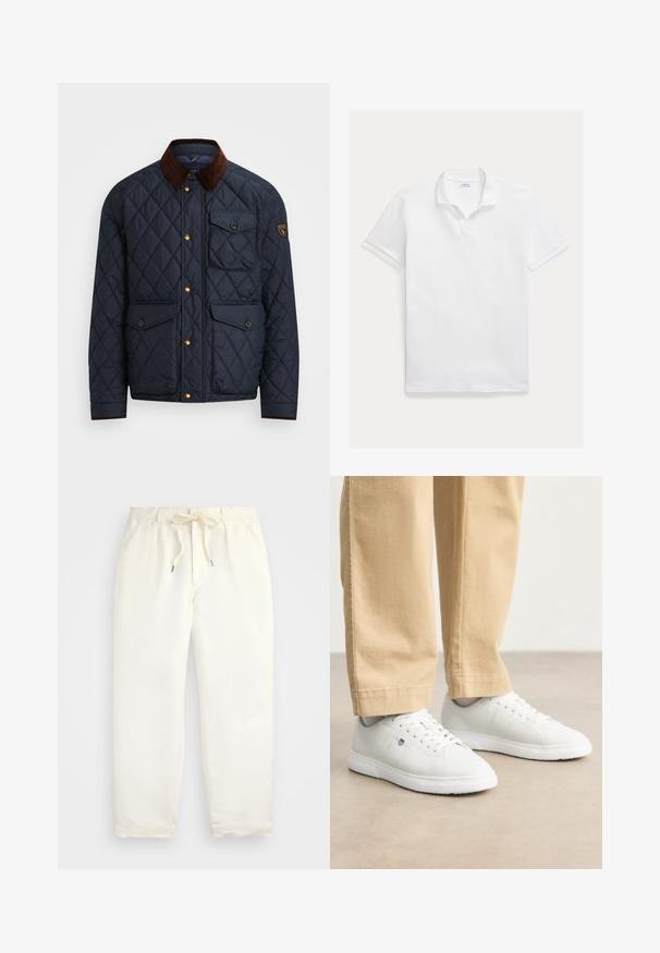 Jūrinis šiltas striukė su rudu kordurojo apykakle, su auksiniais spaustukais, keturiomis priekinėmis kišenėmis ir logotipo pleistru kairiajame rankove.; Balti polo marškinėliai, pagaminti iš medvilnės. Yra klasikinis apykaklė, trumpomis rankovėmis ir siuvinėtas logotipas ant krūtinės. Lygus, lengvas audinys.; Šviesiai kreminės spalvos, laisvalaikio kelnės iš minkštos medžiagos. Turi elastinį juosmenį su raišteliais ir siaurėjantį kojų dizainą.; Baltos odinės sportbačiai su lygia apdaila, su apvalia nosimi, nėriniais ir subtiliu logotipo detaliu šone, derinami su béžinėmis kelnėmis.
