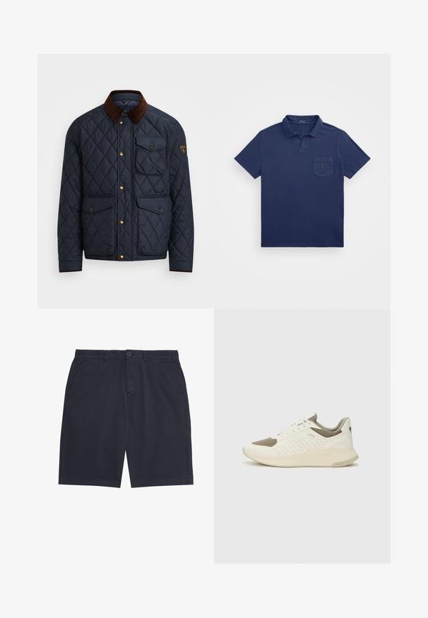 Tengerészeti steppelt dzseki barna kordbársony gallérral, arany patentgombokkal, négy elülső zsebbel, és logóval ellátott folttal a bal ujján.; Sötétkék pólóing rövid gallérral, mellső zsebbel és hímzett logóval. Puha, texturált anyagból készült.; Tengerészkék férfi casual rövidnadrág gombos záródással, övhurkokkal és oldalzsebekkel, fehér háttéren laposan elrendezve.; Fehér és világos bézs sportcipő, légies hálós felsőrésszel, perforált részletekkel és texturált középtalppal, amelyen a saroknál a márka logója található.