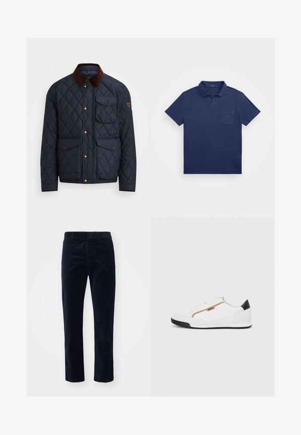 Mornarska jakna naquiltana s smeškim kordom, s zlatnim dugmadi, četiri prednja džepa i logom na lijevoj rukavu.; Polo majica tamnoplave boje s kratkim ovratnikom, džepom na prsima i izvezenim logotipom. Izrađena od mekog, teksturiranog materijala.; Mornarski kad će s ravnim nogavicama, s teksturiranom površinom i standardnim pojasom za sigurno pristajanje.; Bijele atletske tenisice s mrežastim i kožnim detaljima. Imaju zlatni "BOSS" logo, teksturirane bočne panele i crnu kapicu na peti. Gumeni potplat.