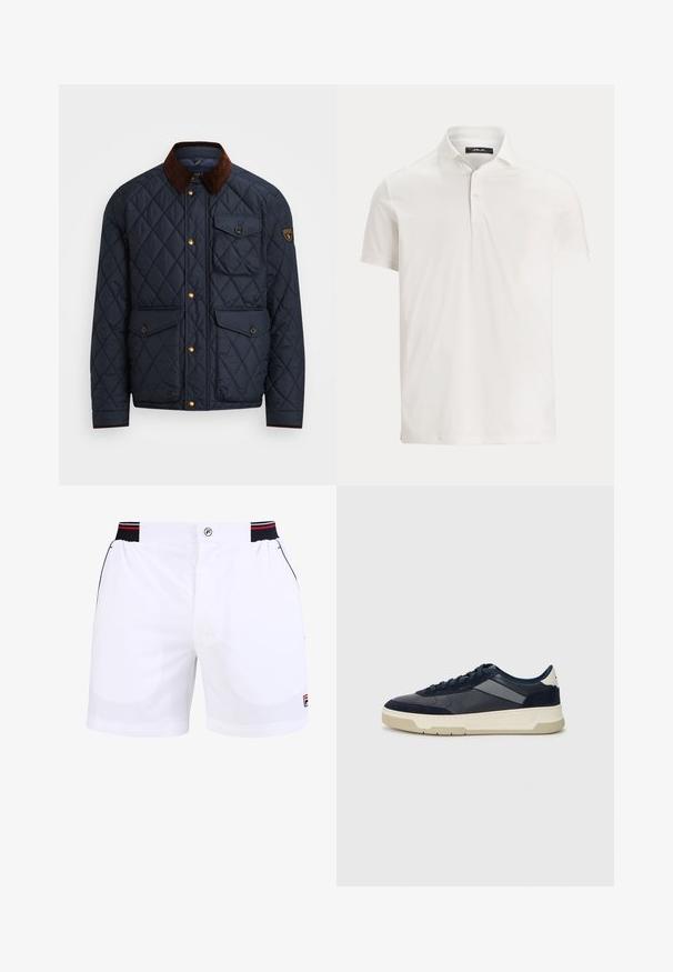 Marinblå quiltad jacka med brunt kordflosskoll, prydd med guldfärgade tryckknappar, fyra framfickor och en logotypapplikation på vänster ärm.; Herr vit pikétröja med korta ärmar, krage, två knappar och en diskret logomärke på insidan av kragen.; Vita sportshorts i vitt med ett svart och röd elastisk midja, framfickor och en Fila-logotyp på den nedre högra sidan. Slät tygtextur.; BOSS BALTIMORE - Sneakers - open blue
