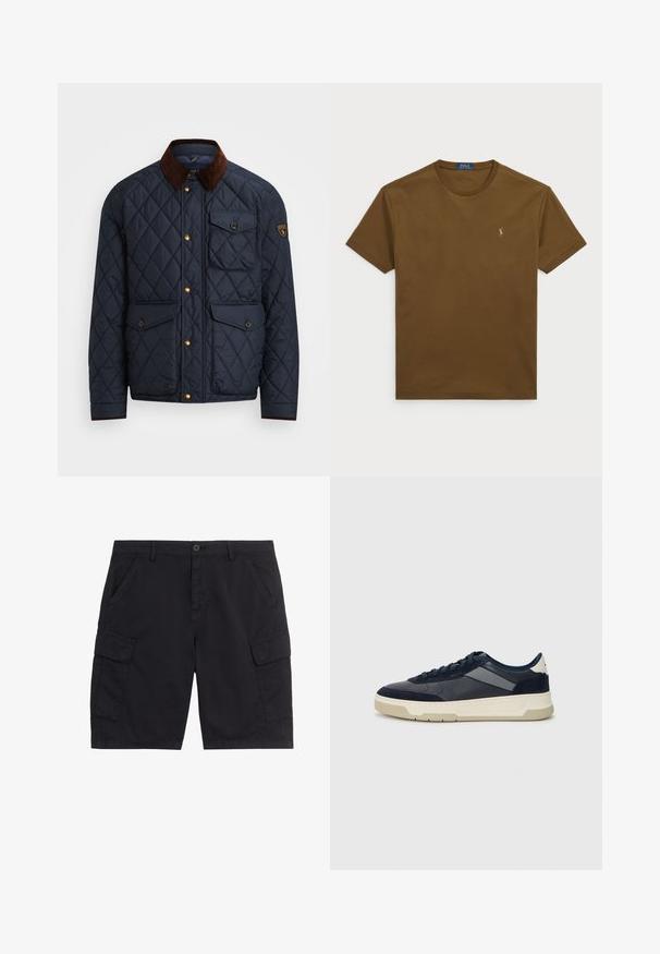 Marineblauwe geborduurde jas met een bruine corduroy kraag, voorzien van gouden drukknoopsluitingen, vier voorzakken en een logopatch op de linkermouw.; Bruine katoenen t-shirt met een ronde hals, korte mouwen en een klein geborduurd logo op de borst. Soepele textuur, casual ontwerp.; Zwarte cargoshorts met knoop en ritssluiting aan de voorkant, twee zijzakken, twee cargozakken met klep en riemlussen.; BOSS BALTIMORE - Sneakers laag - open blue