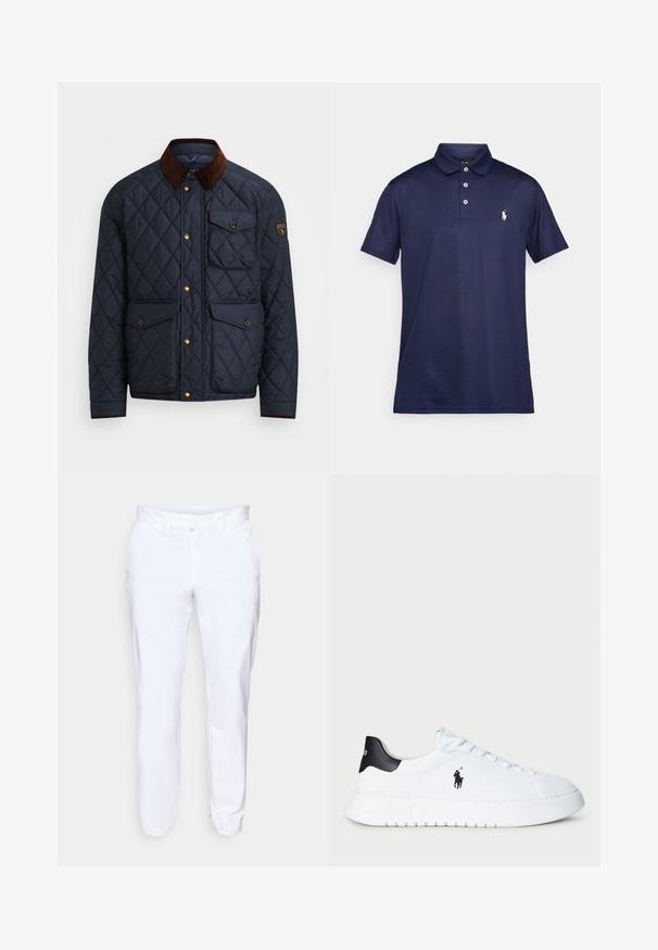 Mornarska jakna s prešito oblogo in rjavim kordom, s pozlačenimi naprstniki, štirimi sprednjimi žepi in logotipnim oznako na levem rokavu.; Mornarskoblue polo majica iz bombaža. Ima klasičen ovratnik, tri gumbe in majhen beli vezen logotip na prsih.; Beli hlače iz gladkega blaga, ki imajo ravno krojen design, sprednje zapiranje na gumb in dve poševni stranski žep.; Bela nizka športna obutev s črnim petnim delom in črnim logotipom Polo Ralph Lauren na strani, z belimi vezalkami in debelim gumijastim podplatom.