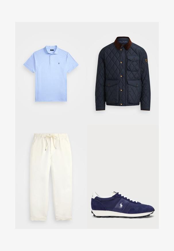 Ναυτικό πουπουλένιο μπουφάν με καφέ κορδόνι στον γιακά, διαθέτει χρυσά κουμπιά, τέσσερις μπροστινές τσέπες και ένα λογότυπο στο αριστερό μανίκι.; Ανοιχτό μπλε κοντομάνικο πόλο μπλούζα με υφή, με κλείσιμο δύο κουμπιών, γιακά και μικρό σκούρο κεντημένο λογότυπο στο στήθος.; Απαλή κρέμα, χαλαρές παντελόνες φτιαγμένες από μαλακό ύφασμα. Διαθέτουν ελαστική μέση με κορδόνι, και σχέδιο κωνικού ποδιού.; Ναυτικές αθλητικές μπότες με συνδυασμό σουέτ και ύφασμα, λευκές στριφτές, καουτσούκ σόλα και μικρό λογότυπο στο πλάι.